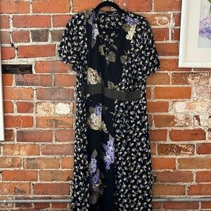 VTG 90s Carole Little Bluebell Pattern Faux Wrap Midi Dress w/tie waist, size 16